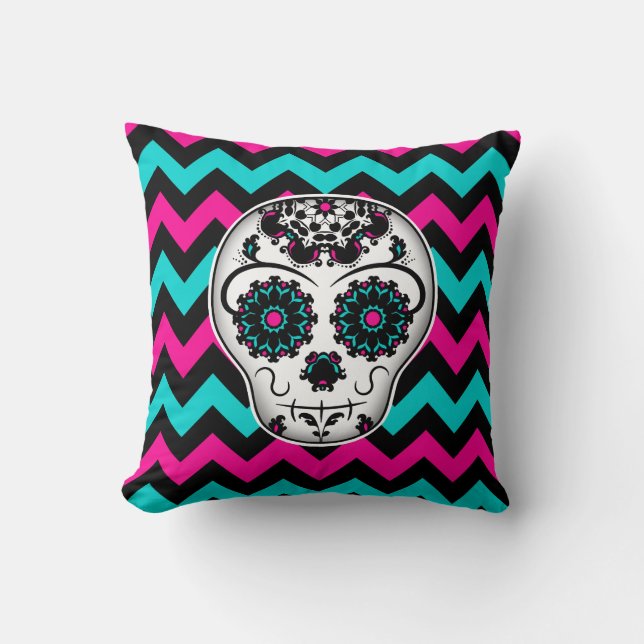 Sugar skull on chevron stripes pattern throw pillow (Front)
