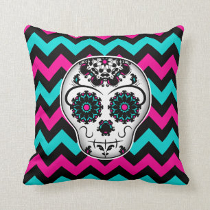 Sugar skull on chevron stripes pattern throw pillow
