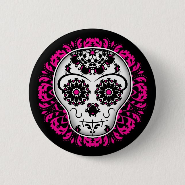 Sugar skull on hot pink damask 2 inch round button (Front)