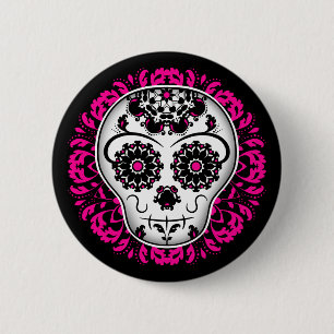 Sugar skull on hot pink damask 2 inch round button