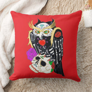 Sugar Skull Owl And Skull Throw Pillow