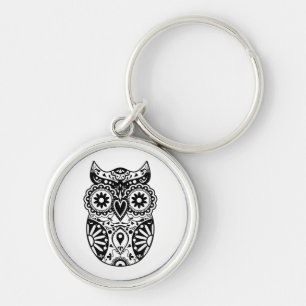 Sugar Skull Owl Black & White Keychain