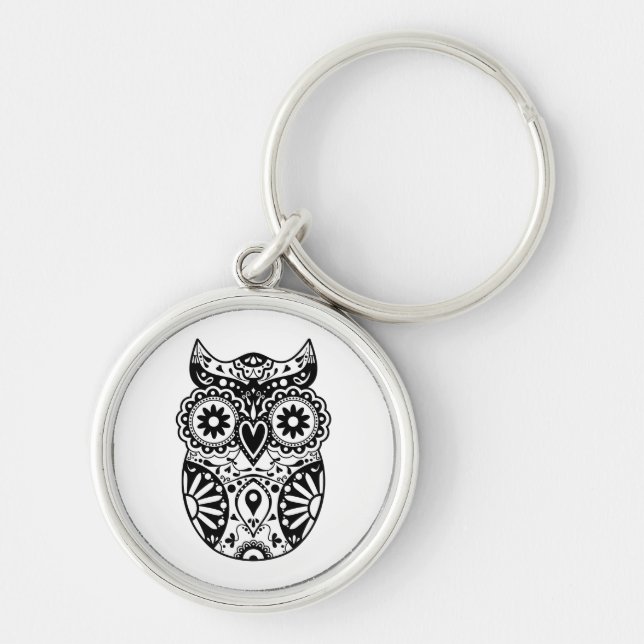 Sugar Skull Owl Black & White Keychain (Front)