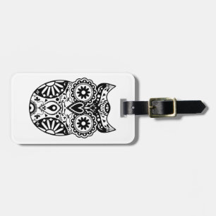 Sugar Skull Owl Black & White Luggage Tag