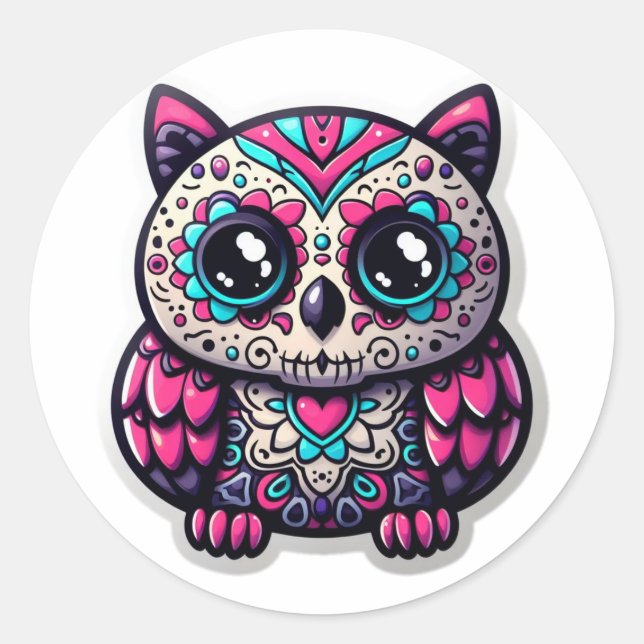 Sugar Skull Owl, day of the dead owl Classic Round Sticker (Front)
