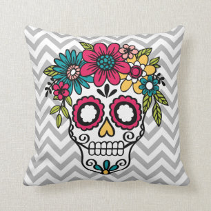 Sugar Skull Pillow, Day of the Dead, Flowers Throw Pillow
