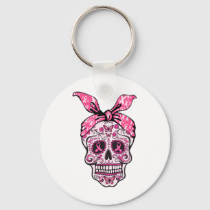 Sugar Skull Pink Ribbon Byndana Calavera Breast Ca Keychain