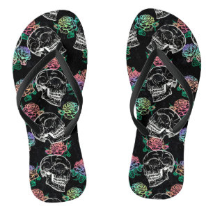 Sugar Skull Pink Roses   Girly Gothic Grunge Glam Flip Flops