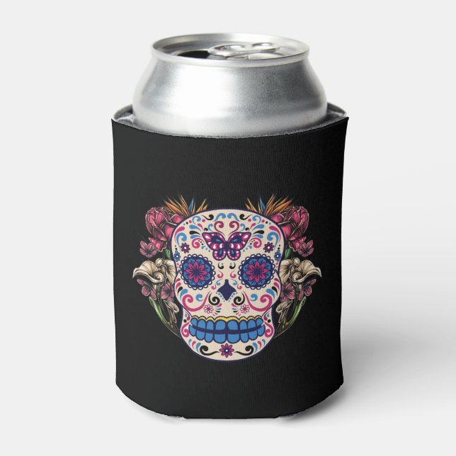 Sugar Skull Pink Roses Multi Coloured Flowers Can Cooler (Can Front)