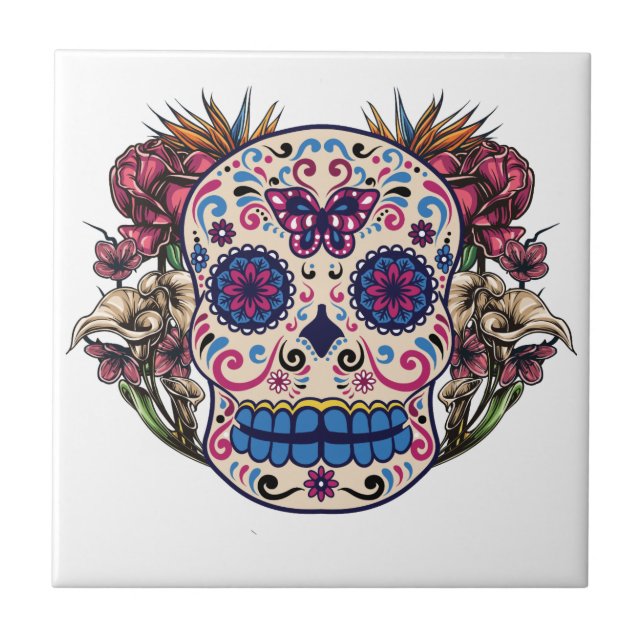 Sugar Skull Pink Roses Multi Coloured Flowers Tile (Front)