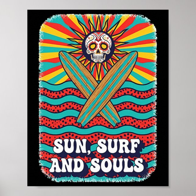Sugar Skull Psychedelic Sun Retro Surf Ocean Waves Poster (Front)