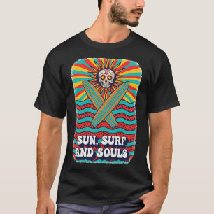 Sugar Skull Psychedelic Sun Retro Surf Ocean Waves T-Shirt