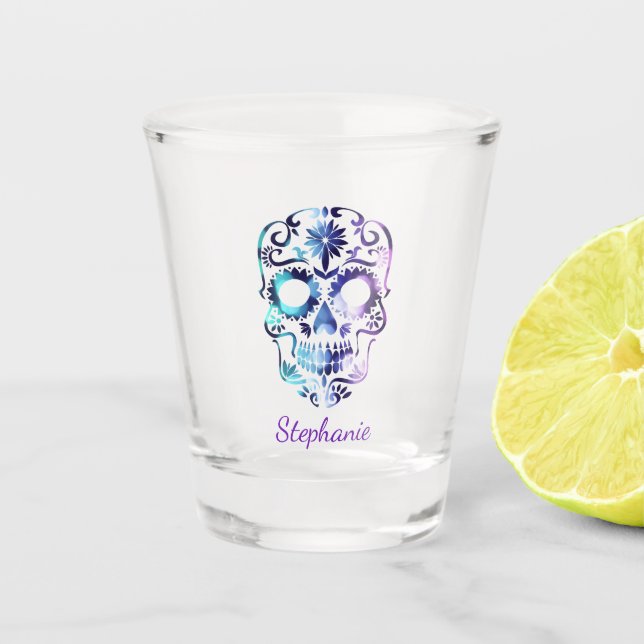 Sugar Skull Purple and Blue Ombre Personalized Shot Glass (Front)