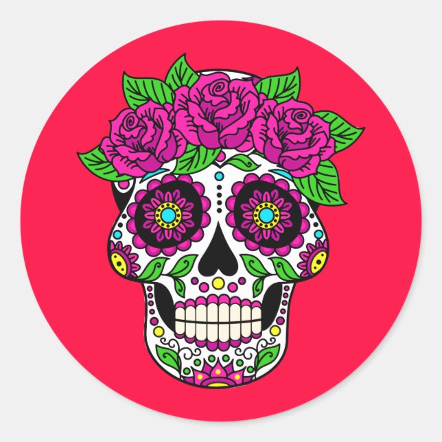 Sugar Skull Red Chequered-Day of The Dead Classic Round Sticker (Front)