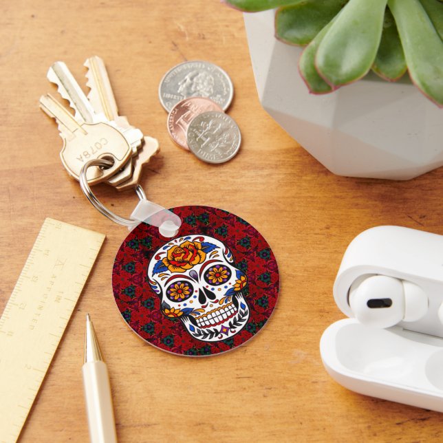 Sugar Skull Red Floral Cinco de Mayo Holiday Name Keychain (Desk)