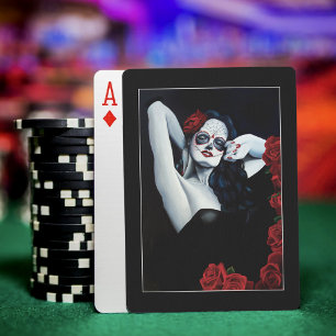 Sugar Skull Red Roses Black Playing Cards