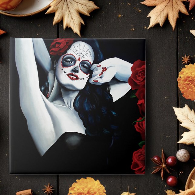 Sugar Skull Red Roses Black Tile (Creator Uploaded)