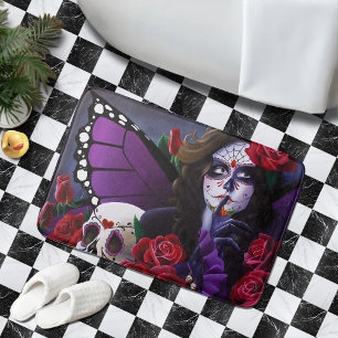 Sugar Skull Red Roses Purple Bath Mat