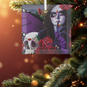 Sugar Skull Red Roses Purple Glass Ornament