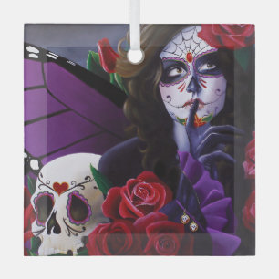 Sugar Skull Red Roses Purple Glass Ornament