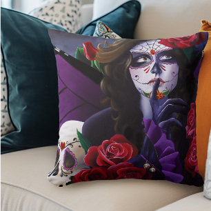 Sugar Skull Red Roses Purple Throw Pillow