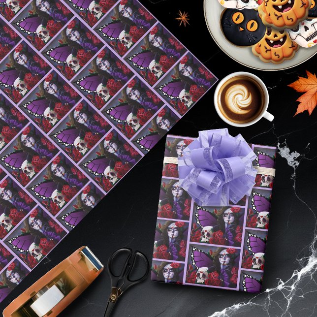 Sugar SKull Red Roses Purple Wrapping Paper (Creator Uploaded)