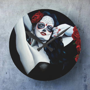 Sugar Skull Red Roses Round Clock