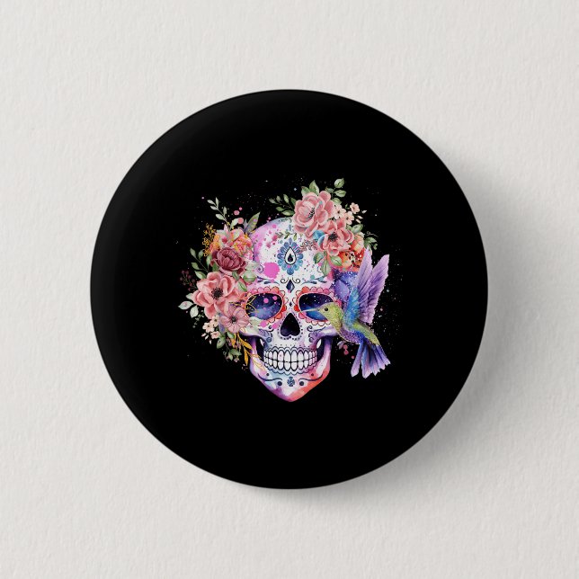 Sugar Skull Retro Flower with Hummingbird 2 Inch Round Button (Front)