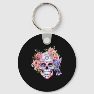 Sugar Skull Retro Flower with Hummingbird Keychain