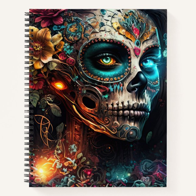 Sugar Skull Robotic Woman Day of the Dead Notebook (Front)