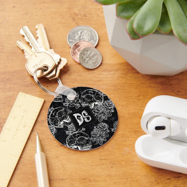 Sugar Skull Roses | Black and White Chalk Grunge Keychain (Desk)