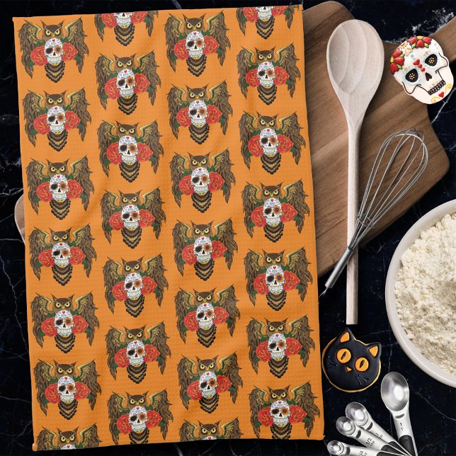 Sugar Skull Roses Owl Kitchen Towel (Creator Uploaded)