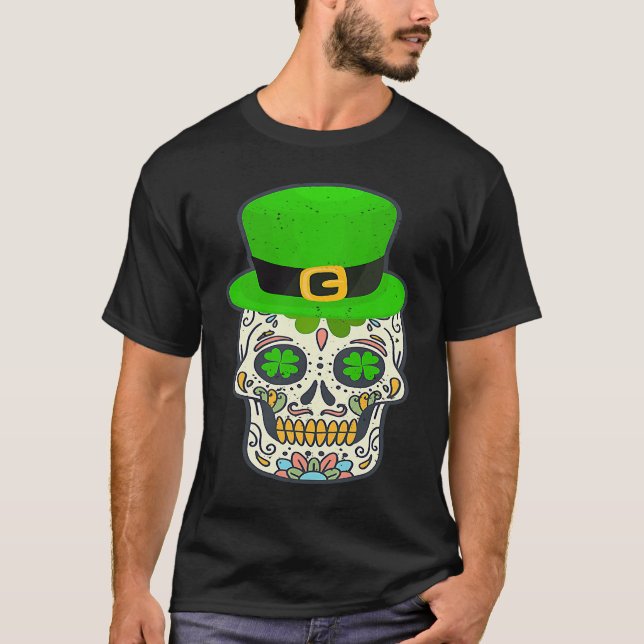 Sugar Skull Saint Patricks Day Of Dead Lucky Hallo T-Shirt (Front)