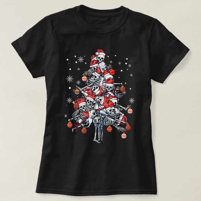 Sugar Skull Santa Hat Christmas Tree Funny Xmas T-Shirt (Design Front)