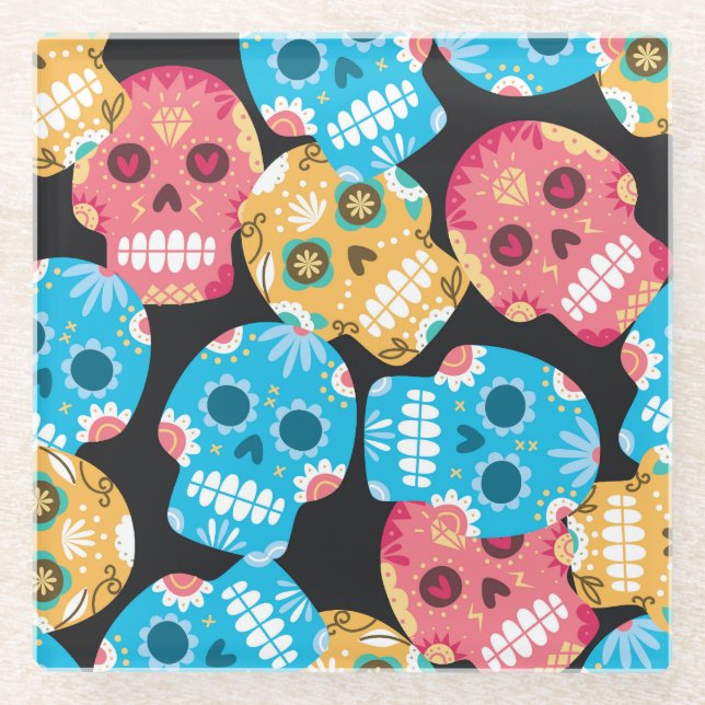 Sugar skull, seamless festive background. glass coaster (Front)