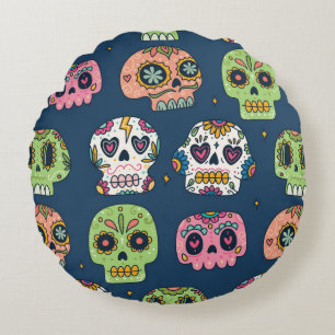sugar skull seamless pattern vintage illustration round pillow