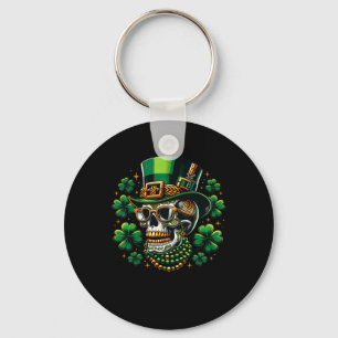 Sugar Skull Shamrock Wearing Leprechaun Hat St Pat Keychain