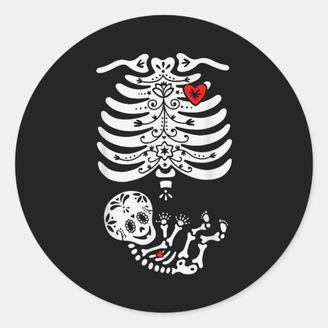 Sugar Skull Skeleton Halloween Pregnancy Annouceme Classic Round Sticker (Front)