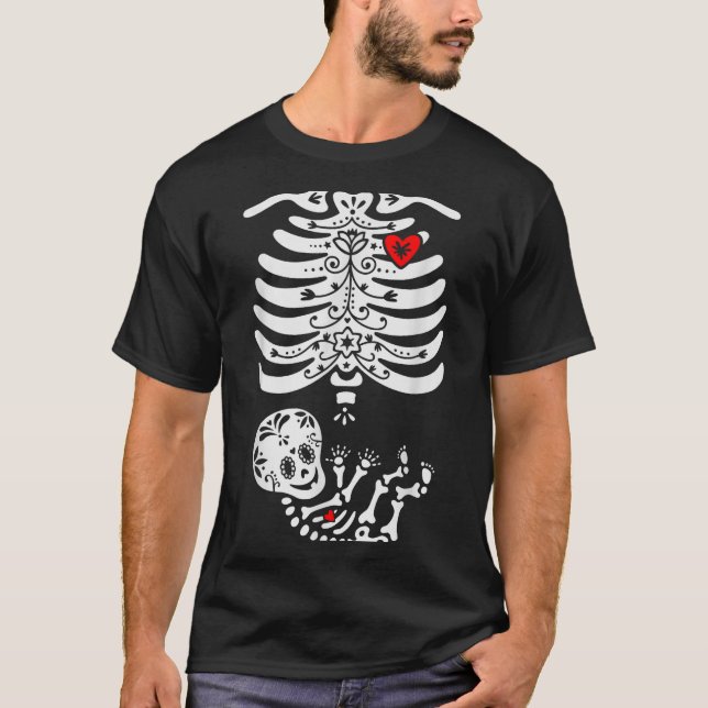 Sugar Skull Skeleton Halloween Pregnancy Annouceme T-Shirt (Front)