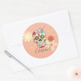 Sugar Skull Soft Petty Peach Rose Hippy Floral Classic Round Sticker