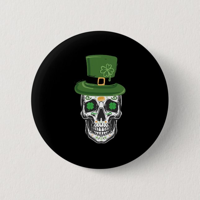 Sugar Skull St Patrick Day Leprechaun Shamrock 2 Inch Round Button (Front)