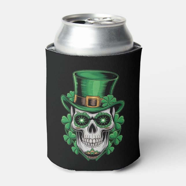Sugar Skull St Patrick Day Lucky Shamrock  Can Cooler (Can Front)