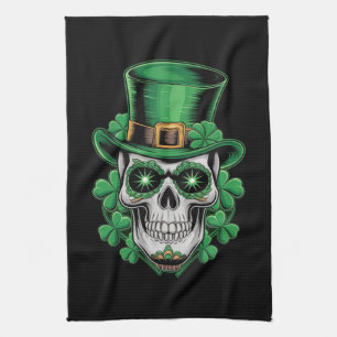 Sugar Skull St Patrick Day Lucky Shamrock  Kitchen Towel
