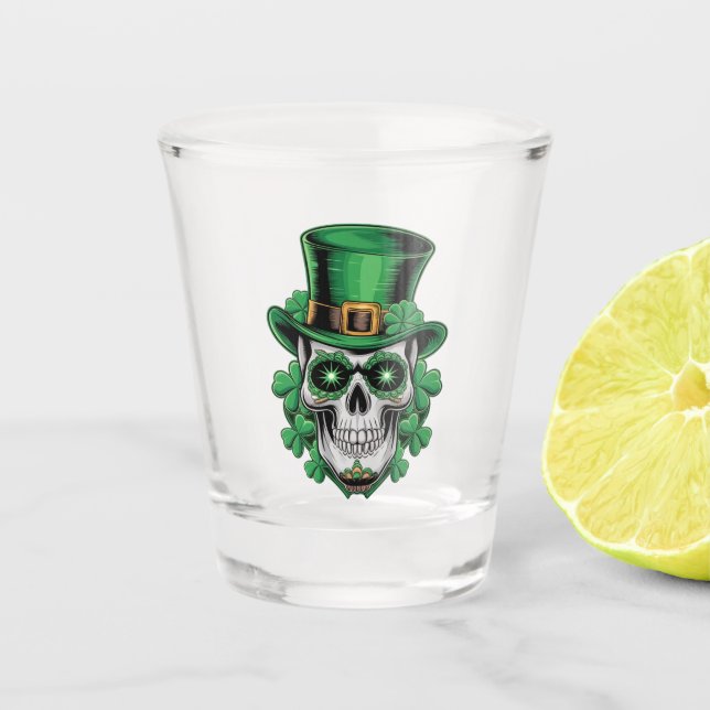 Sugar Skull St Patrick Day Lucky Shamrock  Shot Glass (Front)