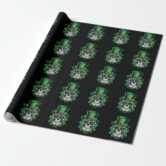Sugar Skull St Patrick Day Lucky Shamrock  Wrapping Paper (Unrolled)