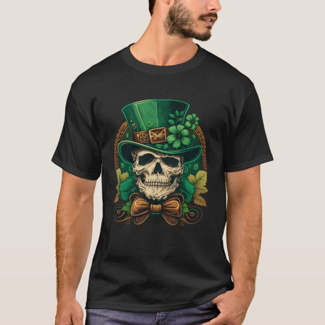 Sugar Skull St Patricks Day Irish Skull Leprechaun T-Shirt (Front)