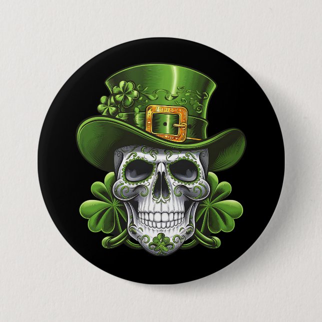Sugar Skull St Patrick's Day Shamrock 3 Inch Round Button (Front)