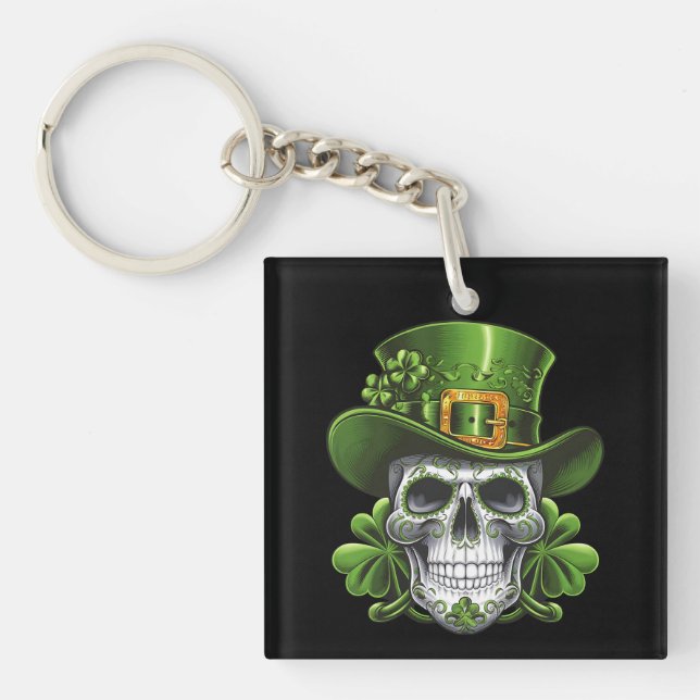 Sugar Skull St Patrick's Day Shamrock Keychain (Front)