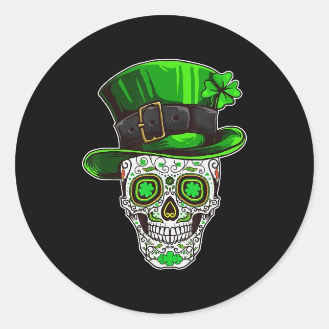 Sugar Skull St Patrick's Day Shamrock Leprechaun Classic Round Sticker (Front)