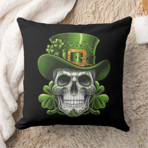Sugar Skull St Patrick's Day Shamrock Throw Pillow